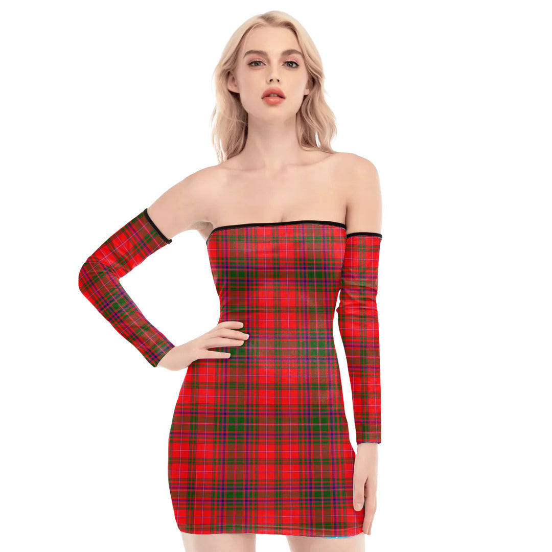 MacDougall Modern Tartan Plaid Off-Shoulder Back Lace-Up Dress