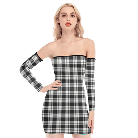 MacFarlane Black White Ancient Tartan Plaid Off-Shoulder Back Lace-Up Dress