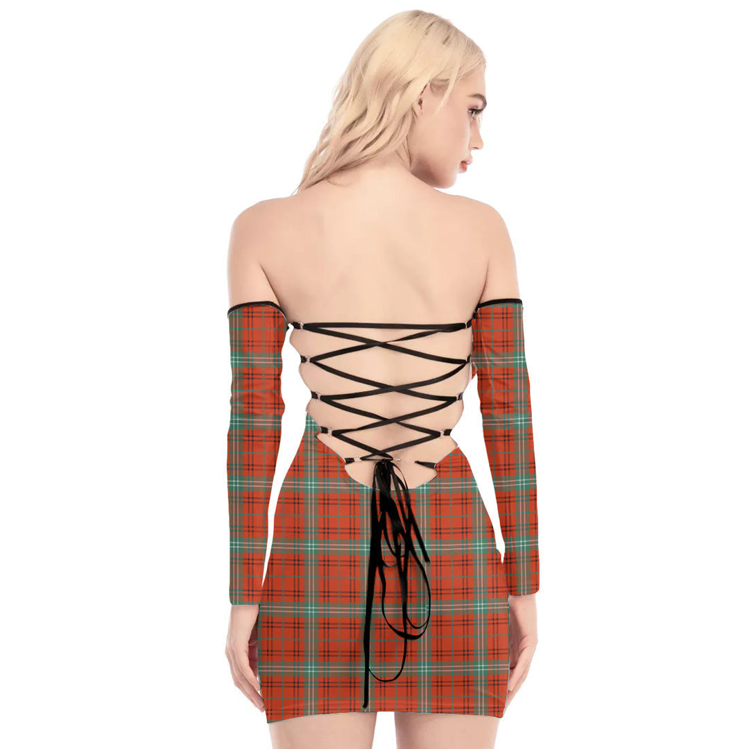 Morrison Red Ancient Tartan Plaid Off-Shoulder Back Lace-Up Dress