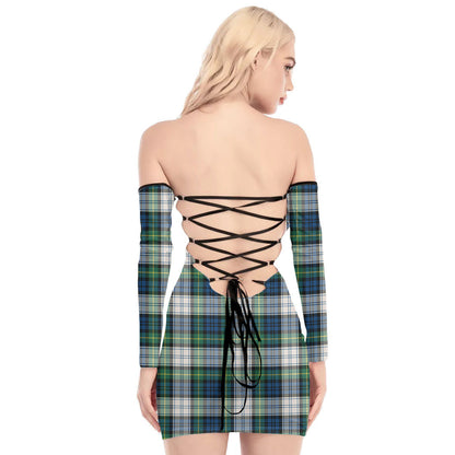 Gordon Dress Ancient Tartan Plaid Off-Shoulder Back Lace-Up Dress