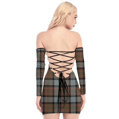 MacLaren Weathered Tartan Plaid Off-Shoulder Back Lace-Up Dress