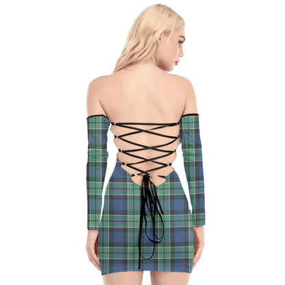 Leslie Hunting Ancient Tartan Plaid Off-Shoulder Back Lace-Up Dress