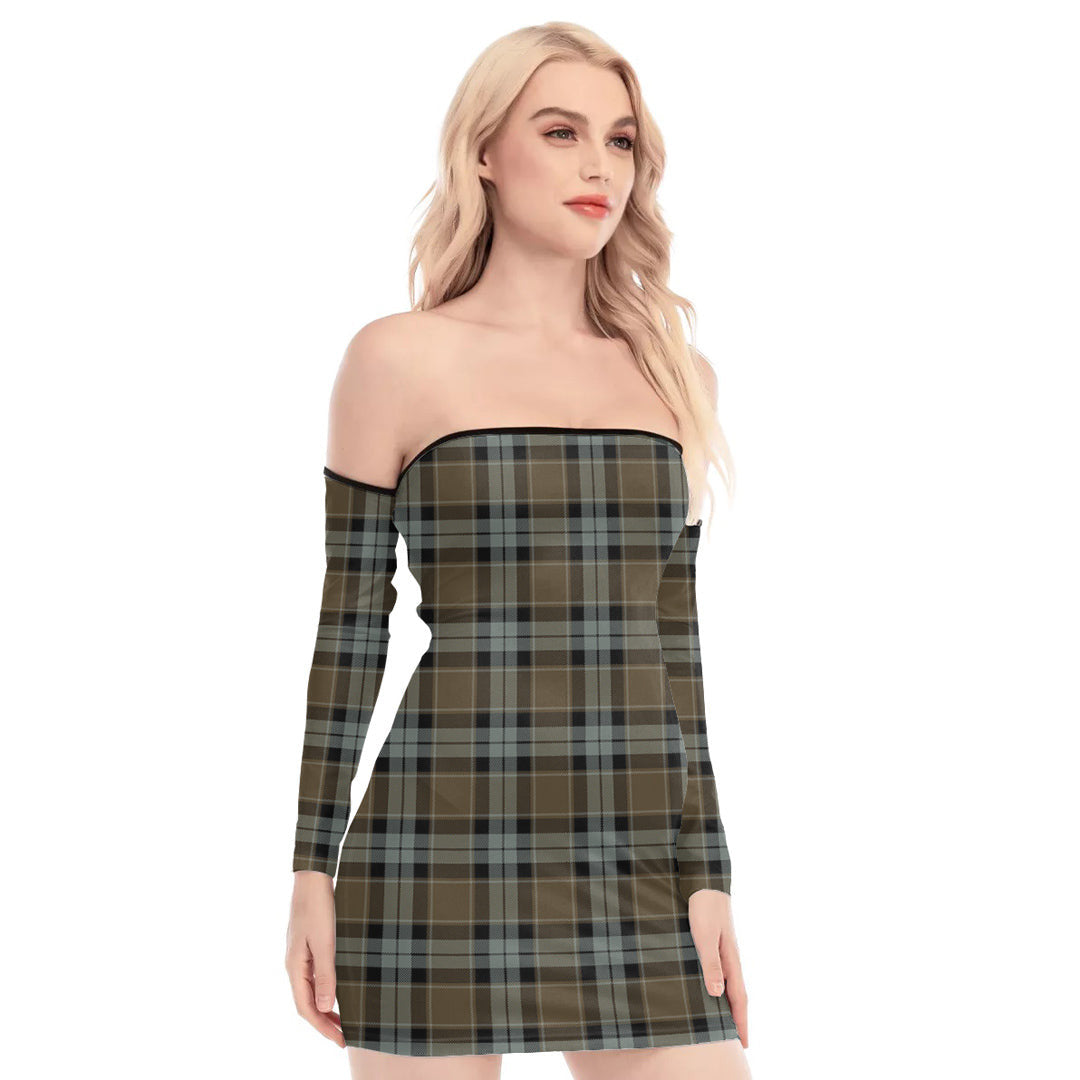 Graham of Menteith Weathered Tartan Plaid Off-Shoulder Back Lace-Up Dress