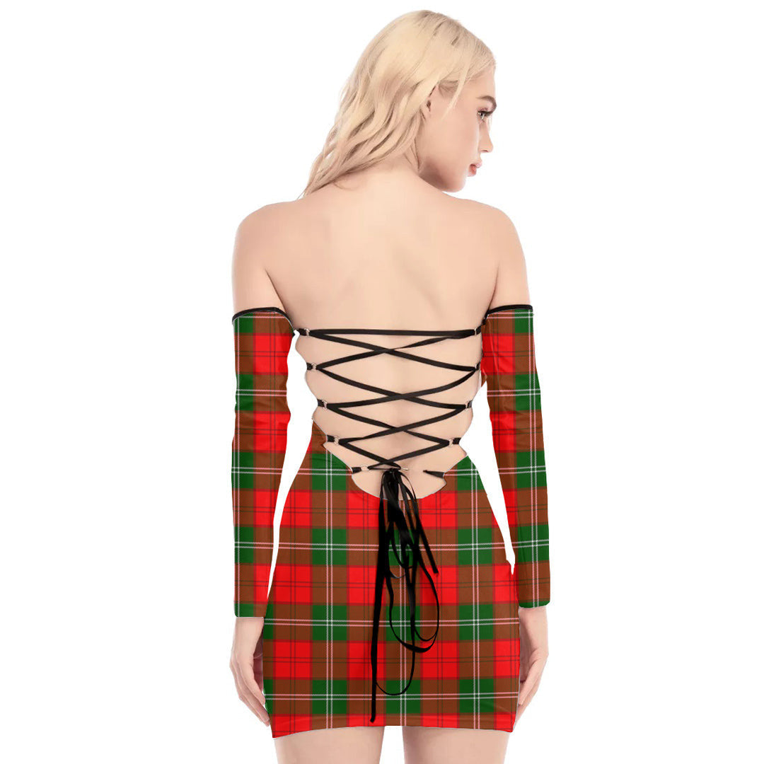 Lennox Modern Tartan Plaid Off-Shoulder Back Lace-Up Dress