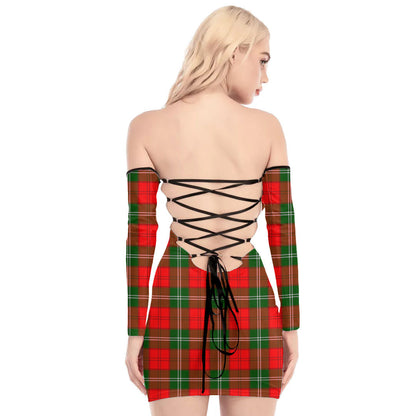 Lennox Modern Tartan Plaid Off-Shoulder Back Lace-Up Dress