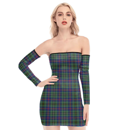 Wood Modern Tartan Plaid Off-Shoulder Back Lace-Up Dress