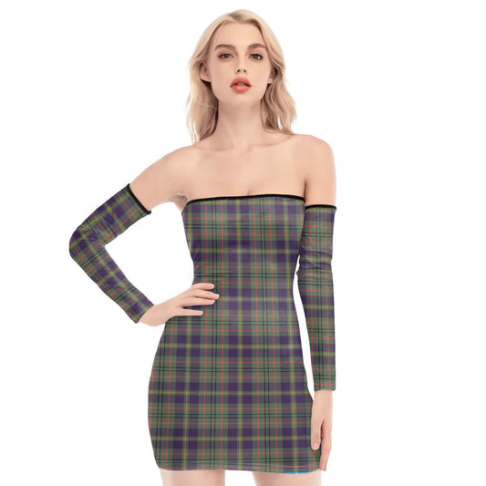 Taylor Weathered Tartan Plaid Off-Shoulder Back Lace-Up Dress