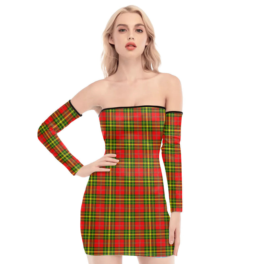 Leask Tartan Plaid Off-Shoulder Back Lace-Up Dress