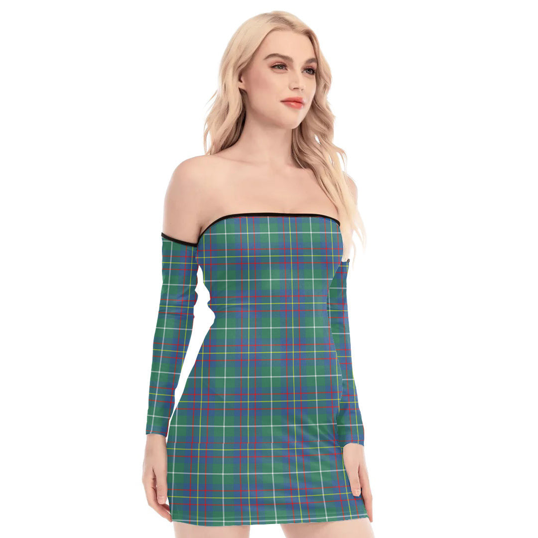 Inglis Ancient Tartan Plaid Off-Shoulder Back Lace-Up Dress