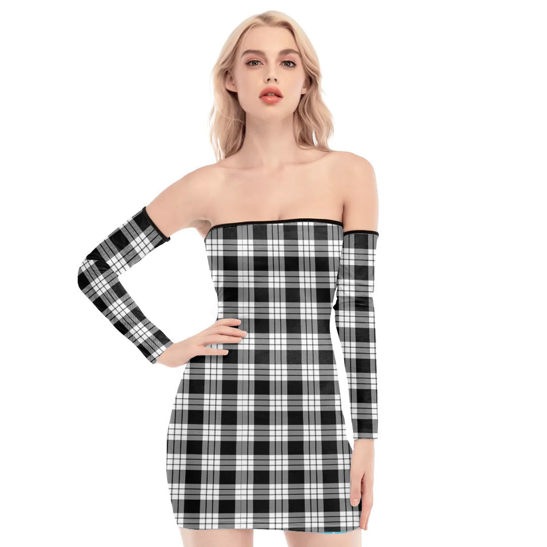 MacFarlane Black White Tartan Plaid Off-Shoulder Back Lace-Up Dress