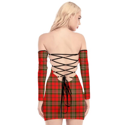 SCOTT MODERN Tartan Plaid Off-Shoulder Back Lace-Up Dress