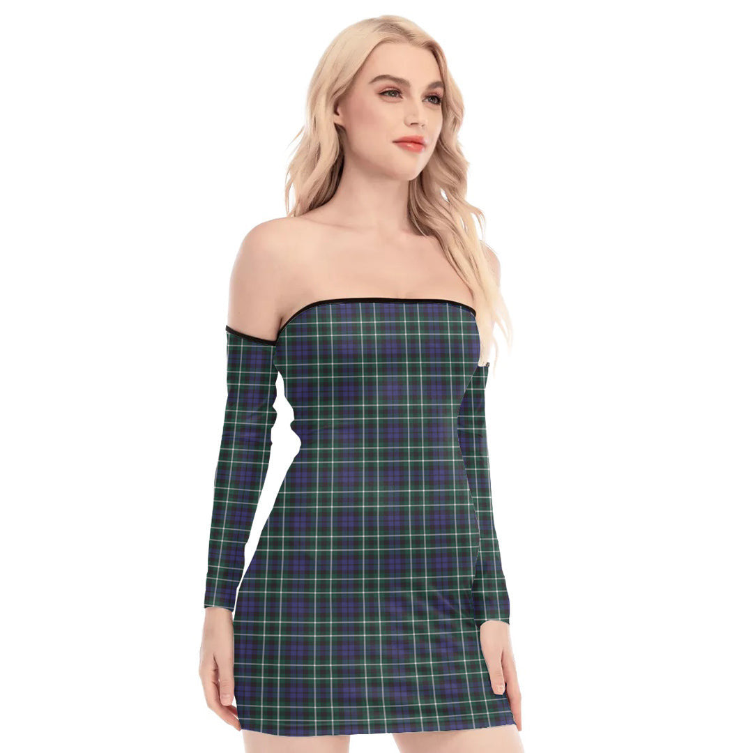 Graham of Montrose Modern Tartan Plaid Off-Shoulder Back Lace-Up Dress