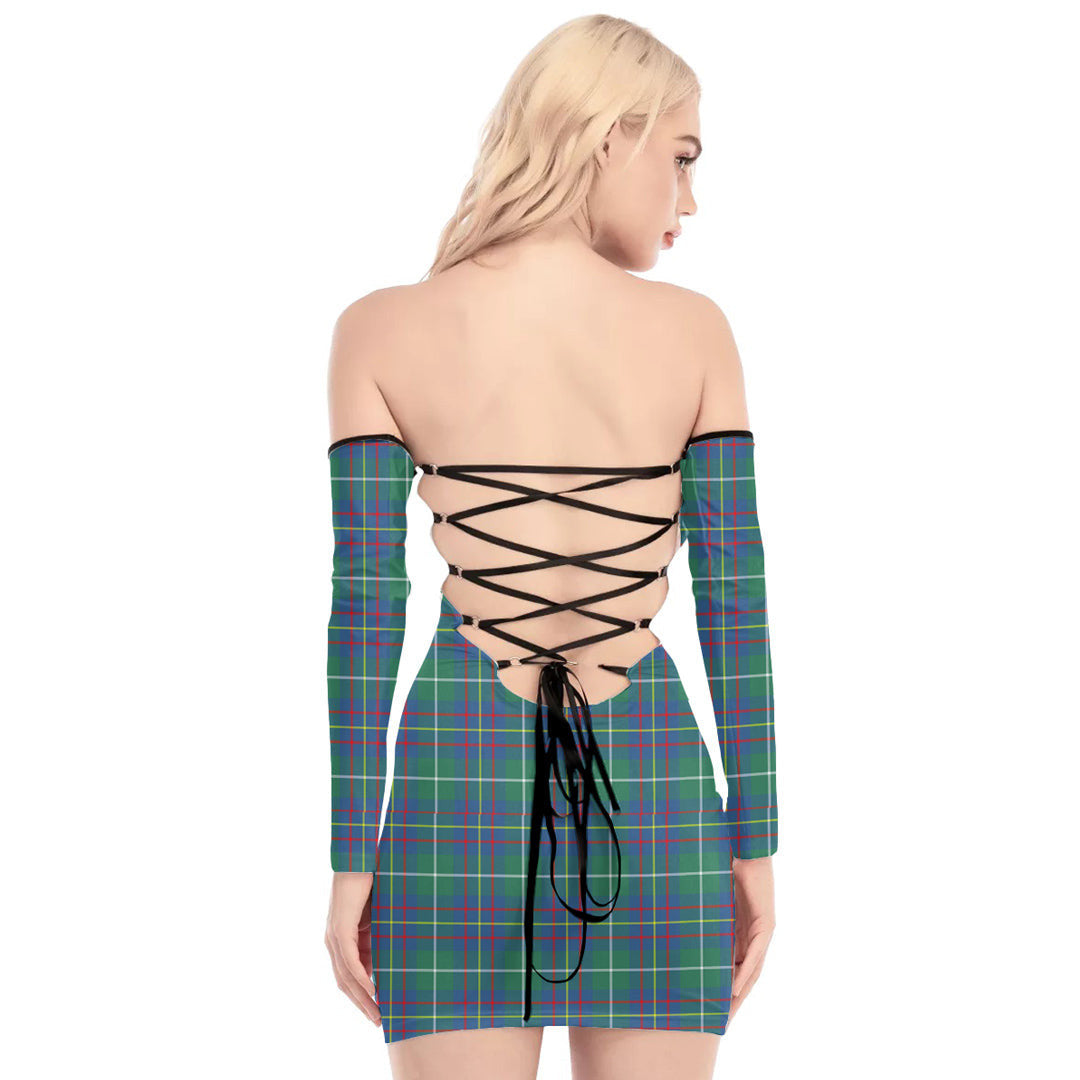 Inglis Ancient Tartan Plaid Off-Shoulder Back Lace-Up Dress