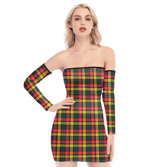 Buchanan Modern Tartan Plaid Off-Shoulder Back Lace-Up Dress