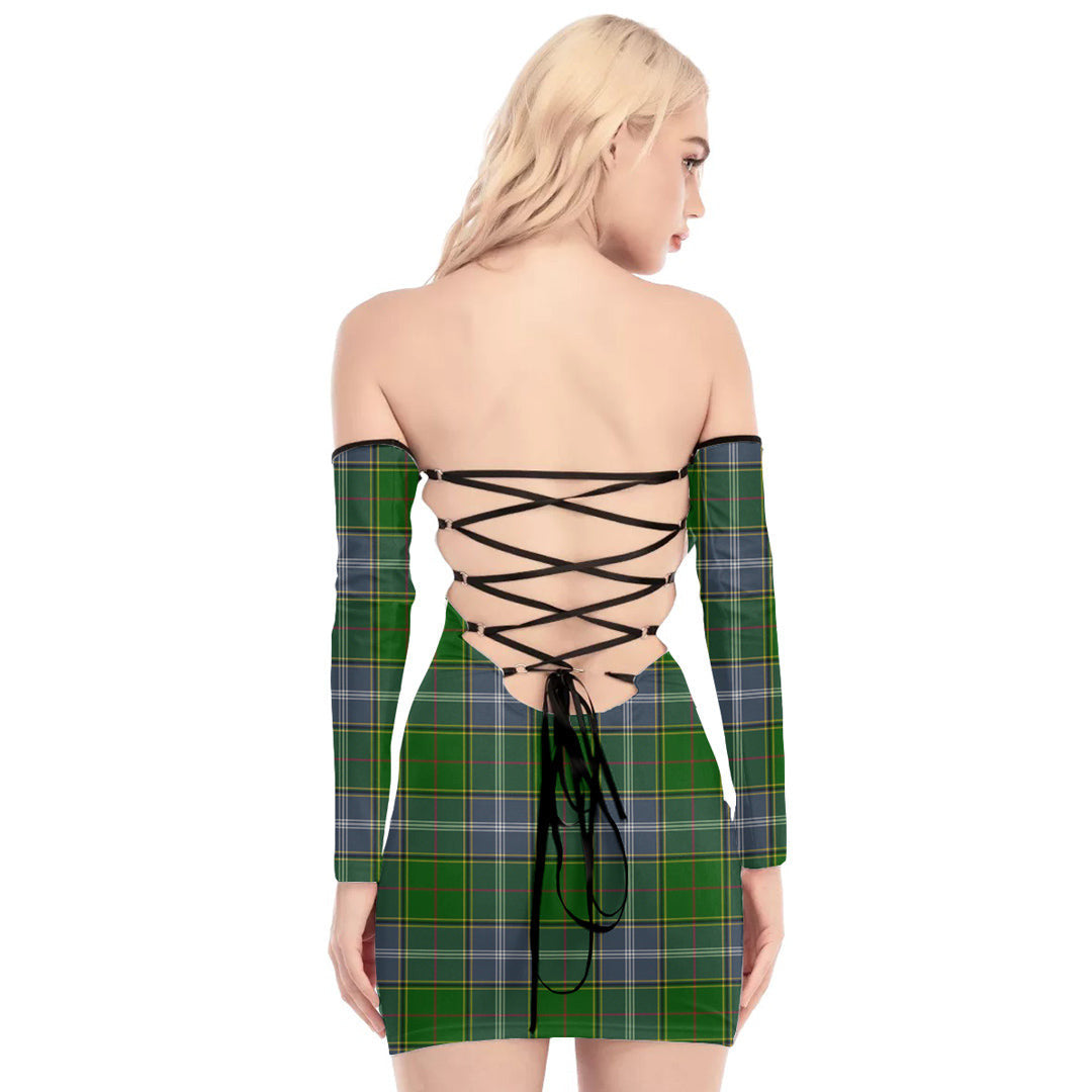 Pringle Tartan Plaid Off-Shoulder Back Lace-Up Dress