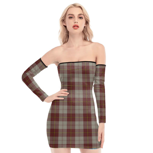 Cunningham Burgundy Dancers Tartan Plaid Off-Shoulder Back Lace-Up Dress