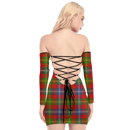 Forrester Tartan Plaid Off-Shoulder Back Lace-Up Dress