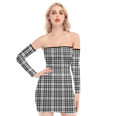 Scott Black White Modern Tartan Plaid Off-Shoulder Back Lace-Up Dress