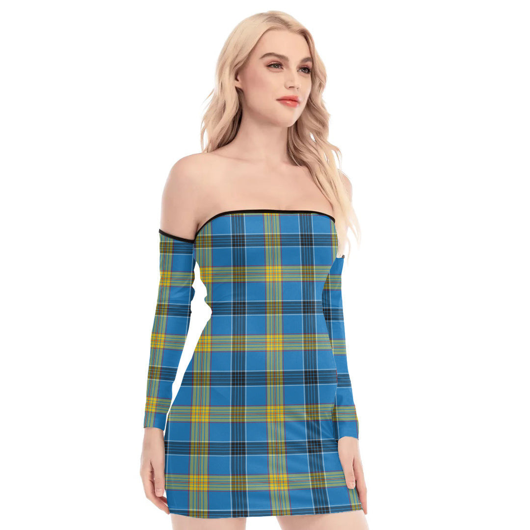 Laing Tartan Plaid Off-Shoulder Back Lace-Up Dress