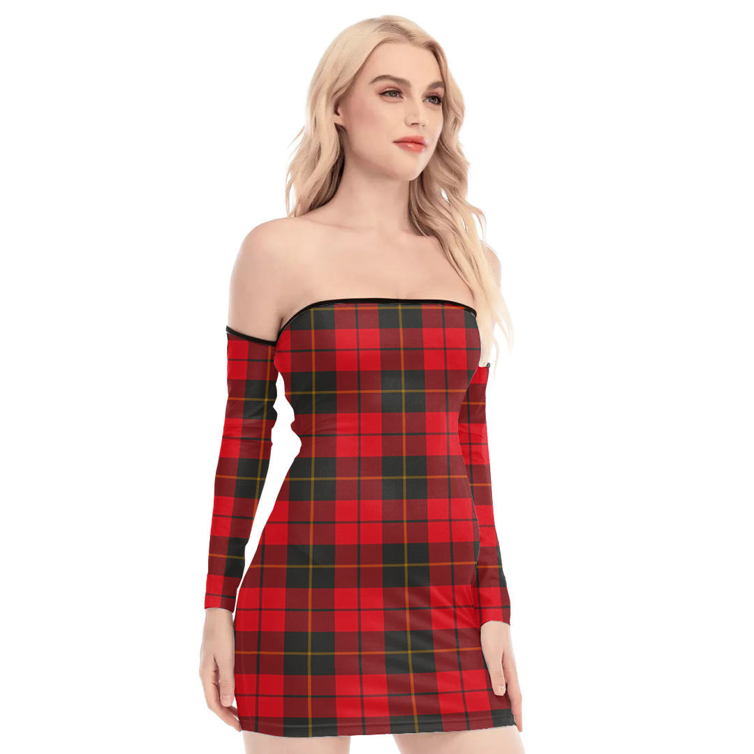 Wallace Weathered Tartan Plaid Off-Shoulder Back Lace-Up Dress