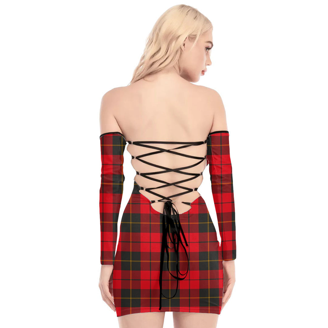 Wallace Weathered Tartan Plaid Off-Shoulder Back Lace-Up Dress