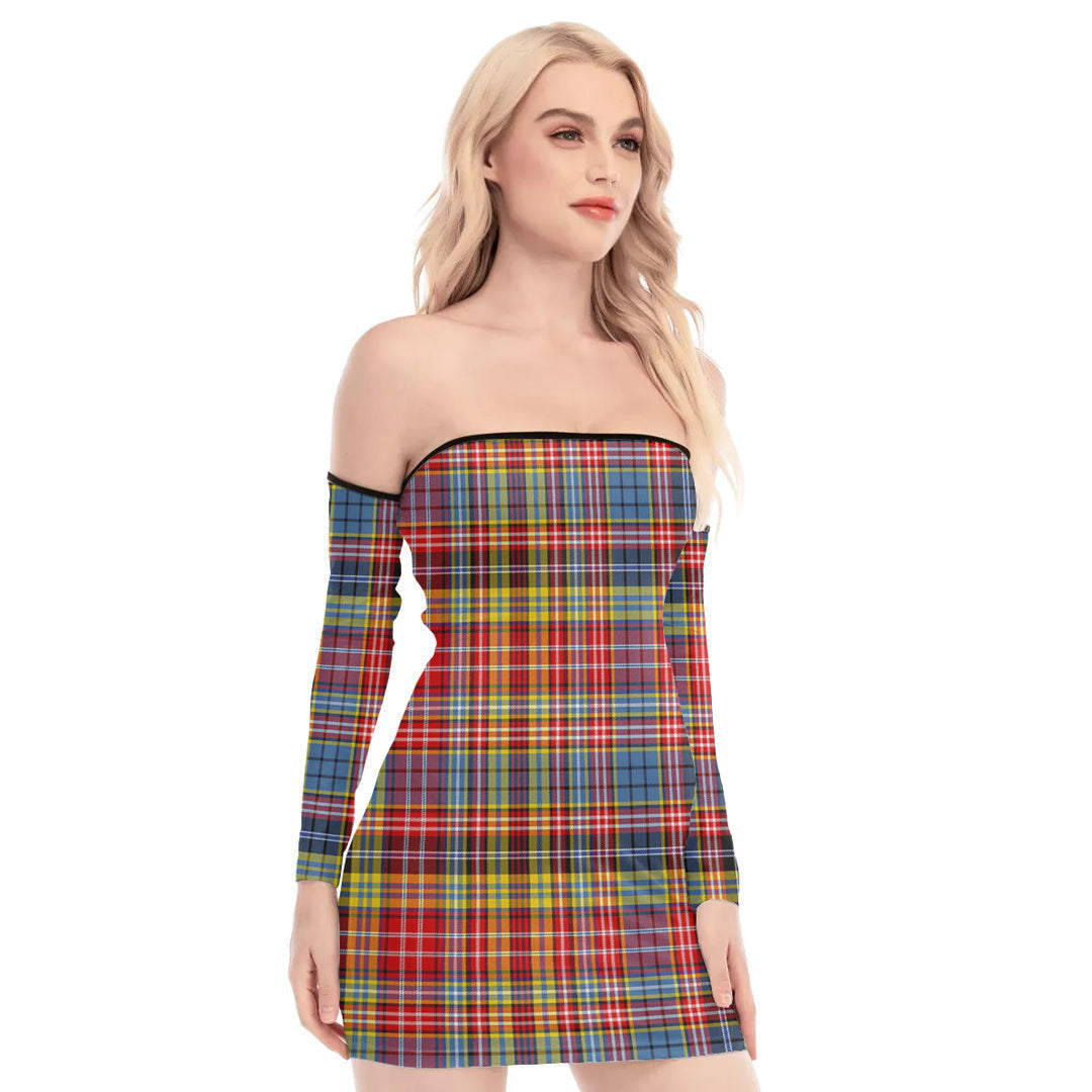 Drummond of Strathallan Tartan Plaid Off-Shoulder Back Lace-Up Dress