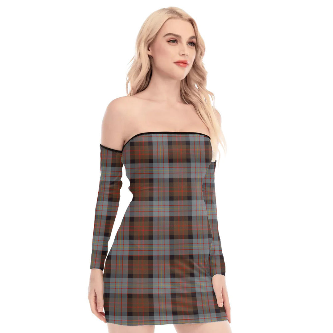 Cameron of Erracht Weathered Tartan Plaid Off-Shoulder Back Lace-Up Dress