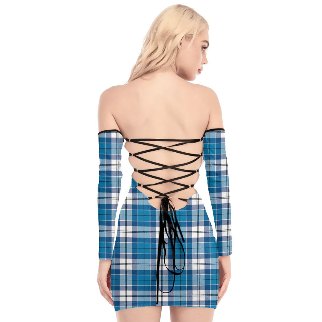 Roberton Tartan Plaid Off-Shoulder Back Lace-Up Dress