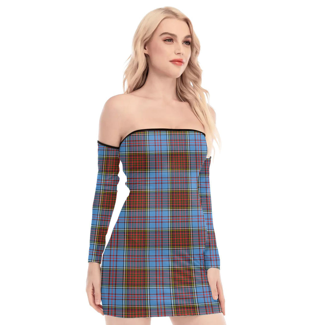 Anderson Modern Tartan Plaid Off-Shoulder Back Lace-Up Dress