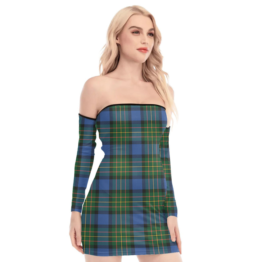 MacLaren Ancient Tartan Plaid Off-Shoulder Back Lace-Up Dress