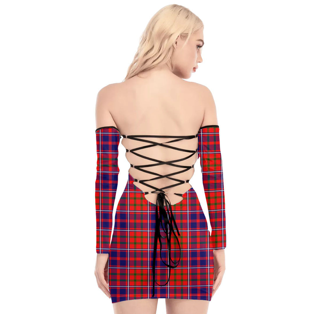 Cameron of Lochiel Modern Tartan Plaid Off-Shoulder Back Lace-Up Dress