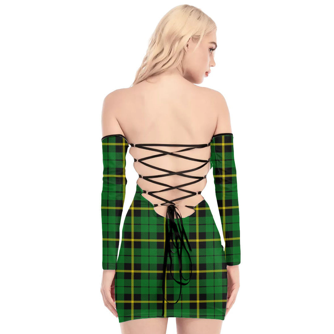 Wallace Hunting Green Tartan Plaid Off-Shoulder Back Lace-Up Dress