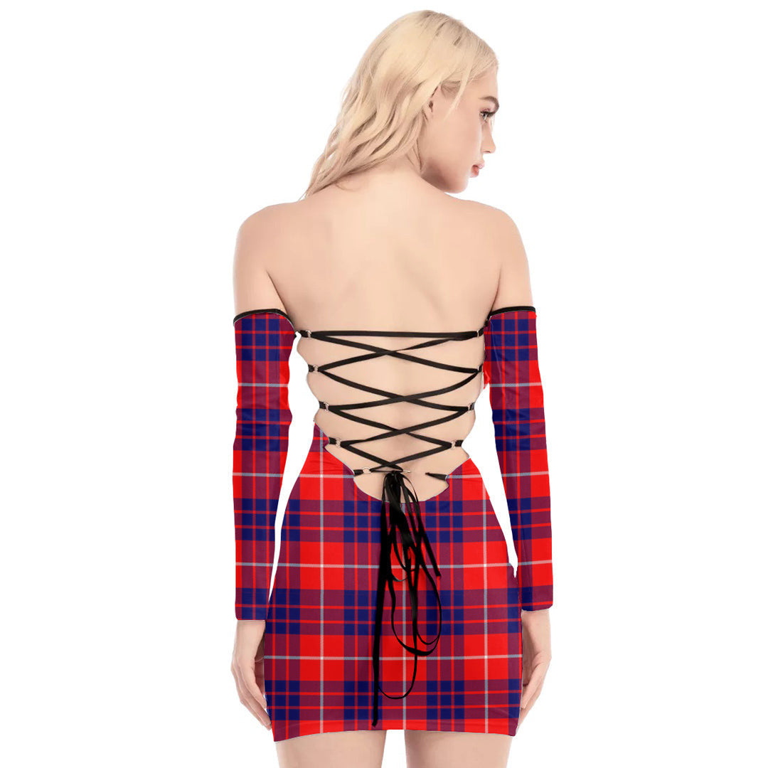 Hamilton Modern Tartan Plaid Off-Shoulder Back Lace-Up Dress