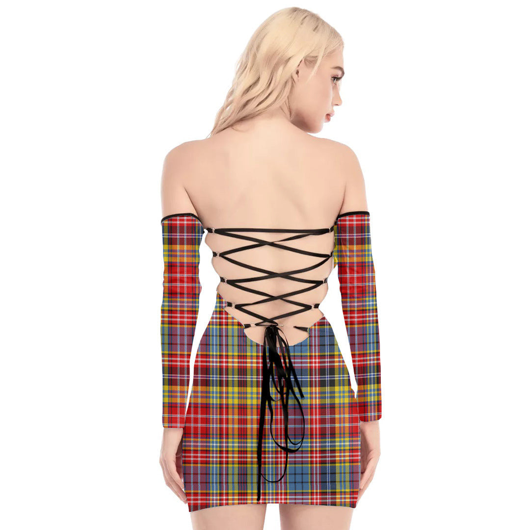 Drummond of Strathallan Tartan Plaid Off-Shoulder Back Lace-Up Dress