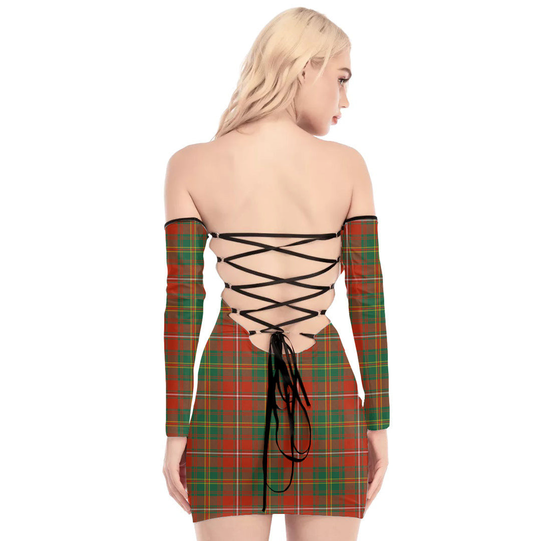 Hay Ancient Tartan Plaid Off-Shoulder Back Lace-Up Dress