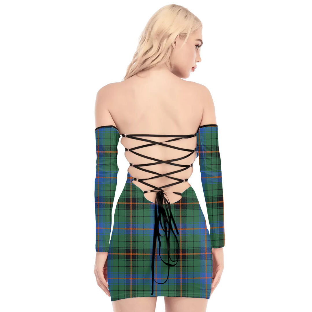 Davidson Ancient Tartan Plaid Off-Shoulder Back Lace-Up Dress