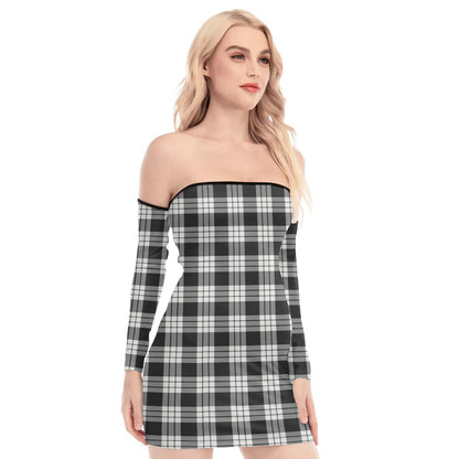 MacFarlane Black White Ancient Tartan Plaid Off-Shoulder Back Lace-Up Dress