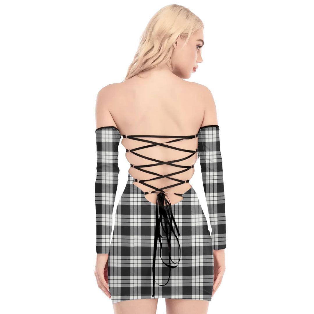 MacFarlane Black White Ancient Tartan Plaid Off-Shoulder Back Lace-Up Dress