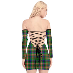 Reid Green Tartan Plaid Off-Shoulder Back Lace-Up Dress