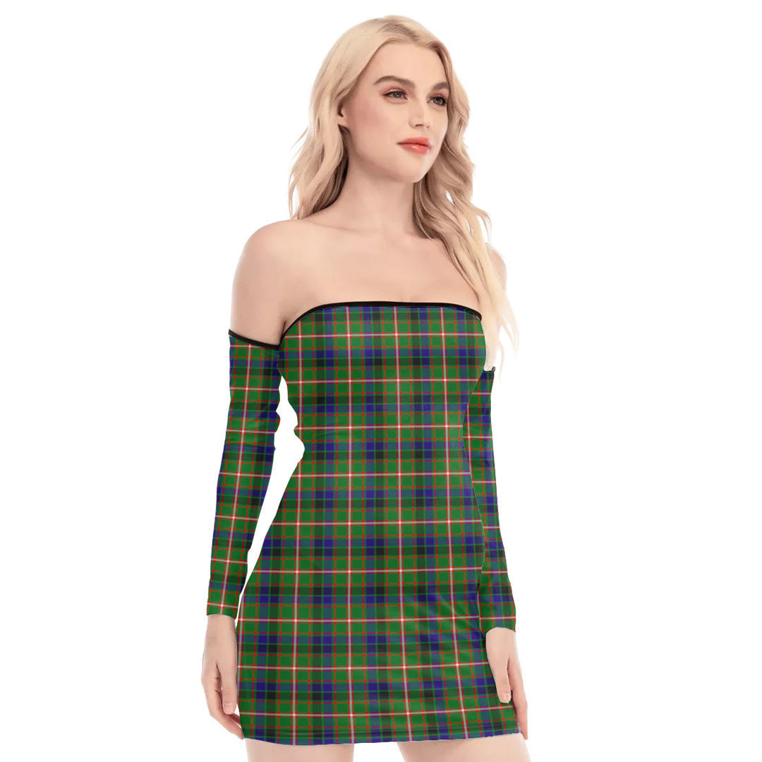 Reid Green Tartan Plaid Off-Shoulder Back Lace-Up Dress