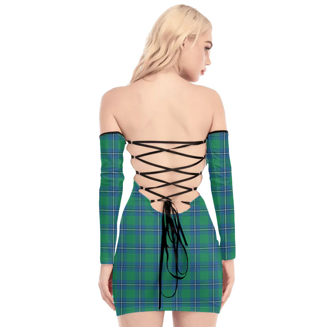 Irvine Ancient Tartan Plaid Off-Shoulder Back Lace-Up Dress