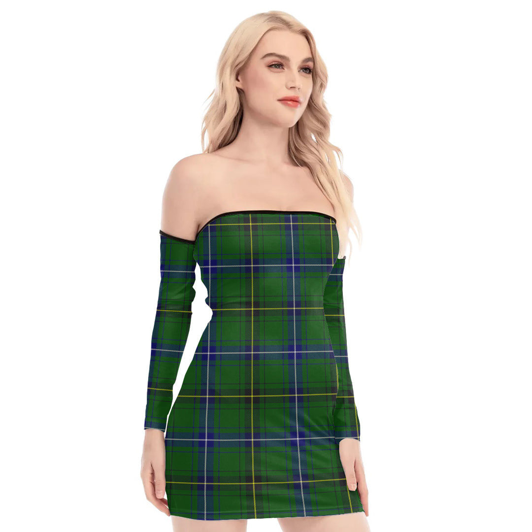 Henderson Modern Tartan Plaid Off-Shoulder Back Lace-Up Dress