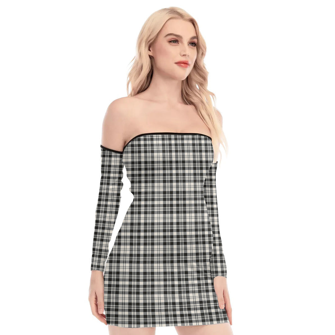 Scott Black White Ancient Tartan Plaid Off-Shoulder Back Lace-Up Dress