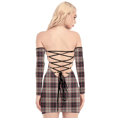 MacPherson Hunting Ancient Tartan Plaid Off-Shoulder Back Lace-Up Dress