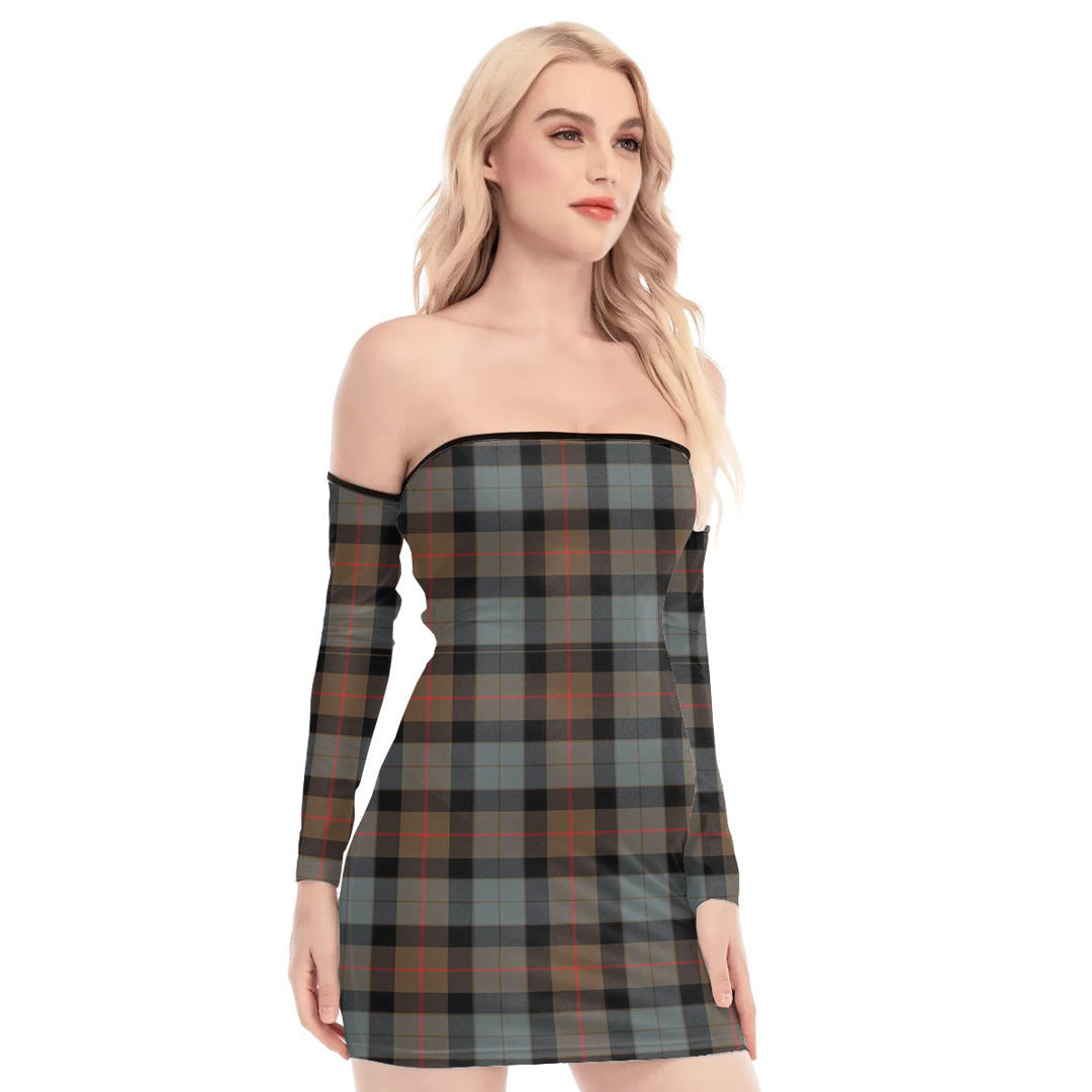 Gunn Weathered Tartan Plaid Off-Shoulder Back Lace-Up Dress