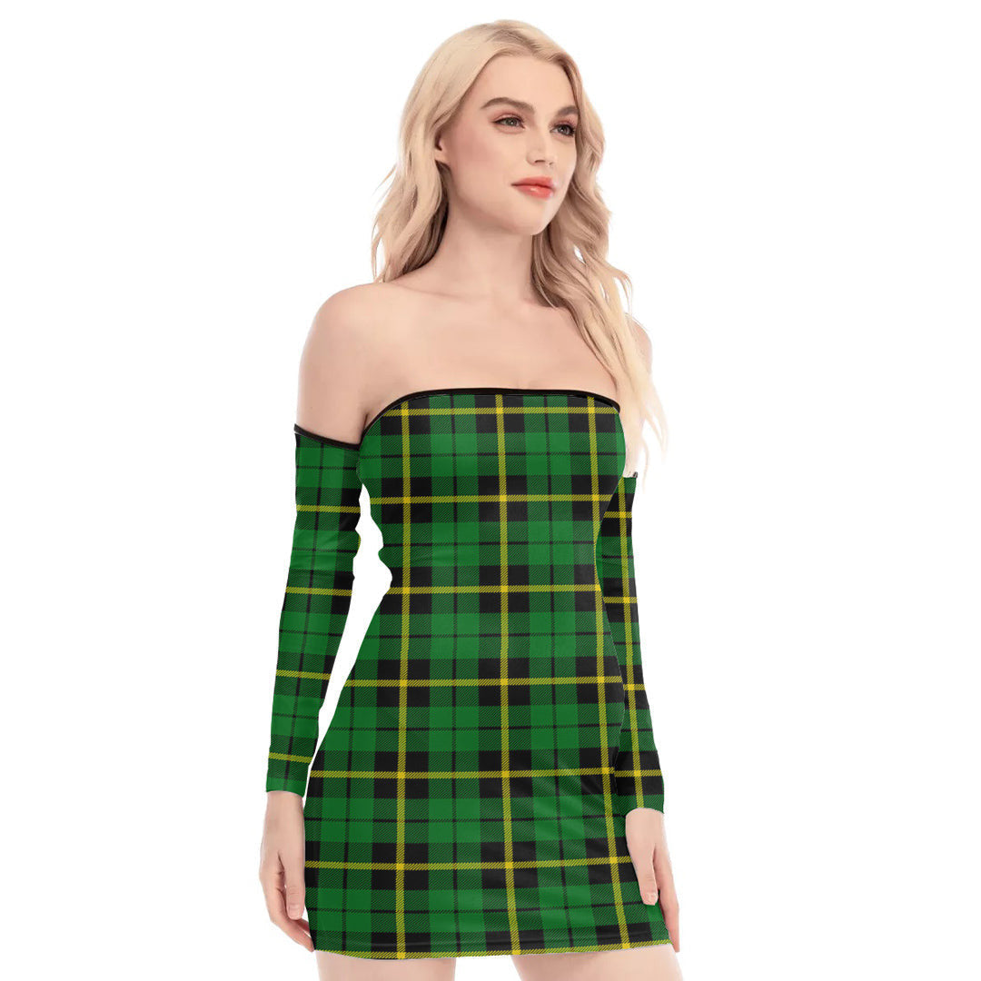 Wallace Hunting Green Tartan Plaid Off-Shoulder Back Lace-Up Dress