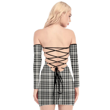 Scott Black White Ancient Tartan Plaid Off-Shoulder Back Lace-Up Dress