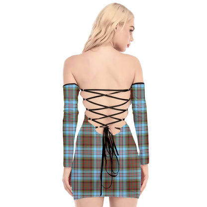 Anderson Ancient Tartan Plaid Off-Shoulder Back Lace-Up Dress