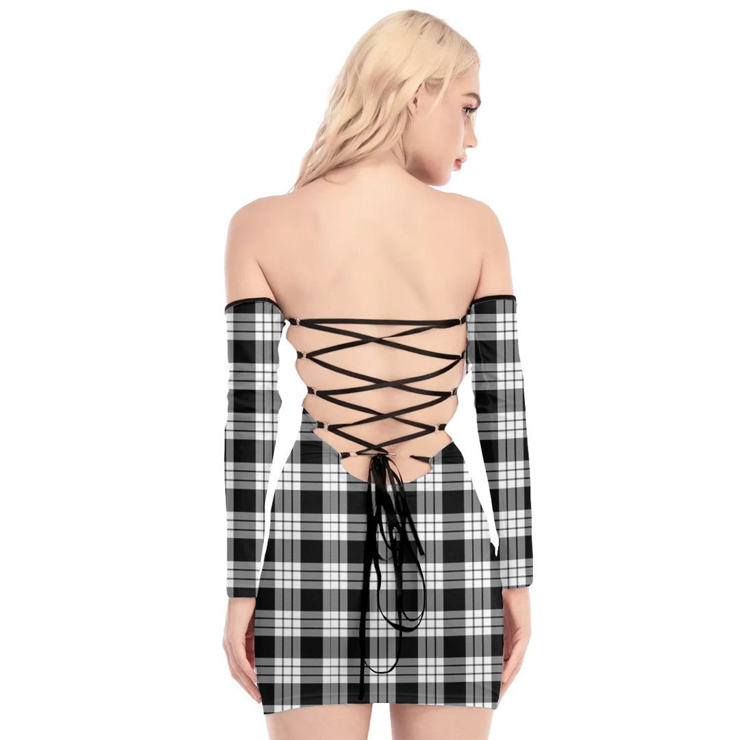 MacFarlane Black White Tartan Plaid Off-Shoulder Back Lace-Up Dress