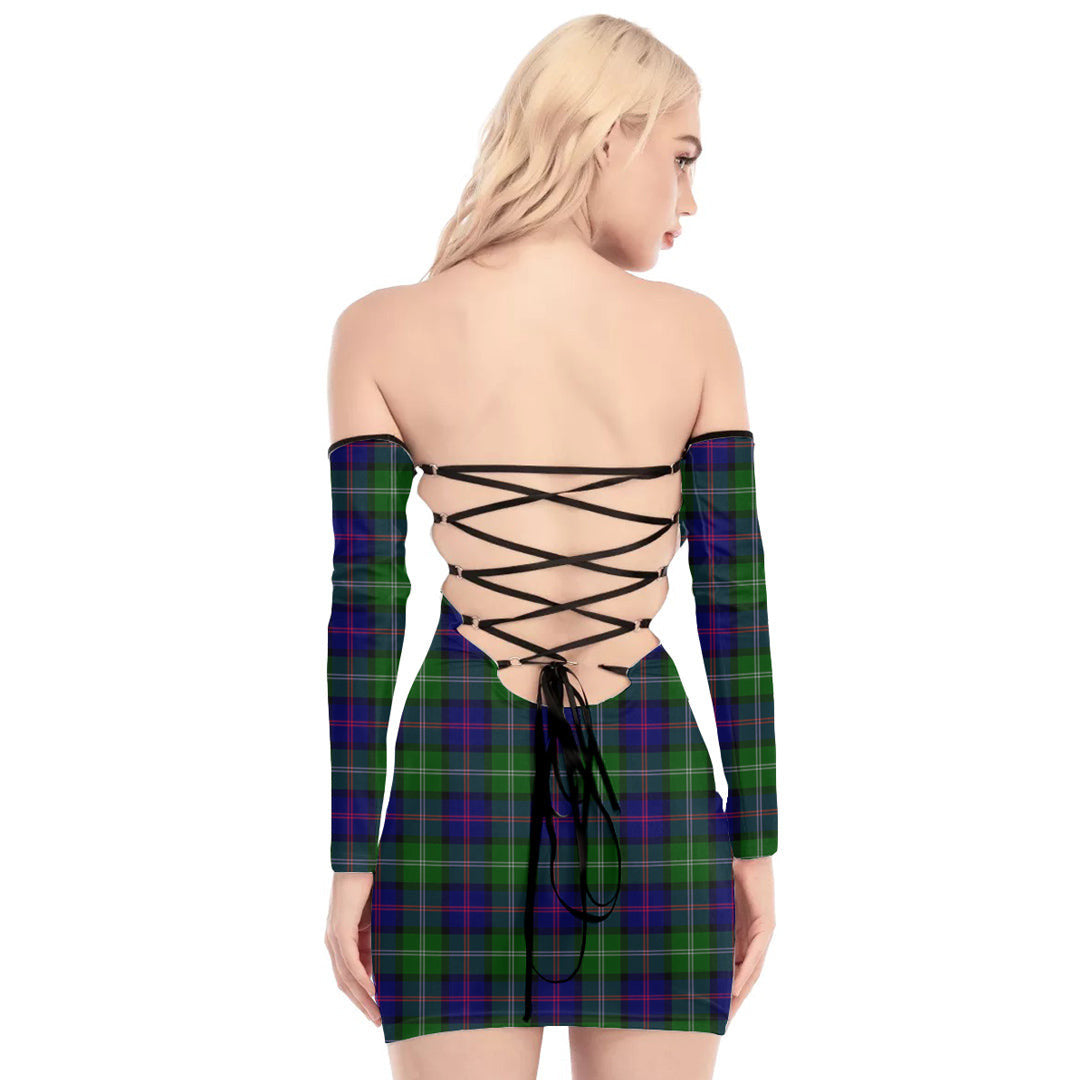 MacThomas Modern Tartan Plaid Off-Shoulder Back Lace-Up Dress